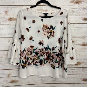 Ann Taylor White Floral Bell Sleeve Blouse Medium